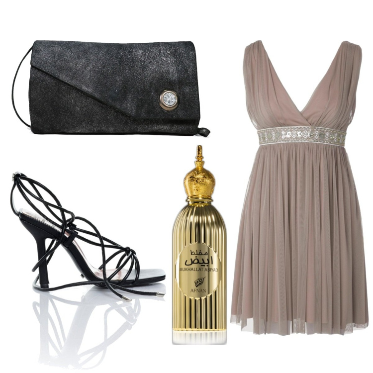 Outfit donna - Total look #1734366. Stile Glamour per Serata fuori. Abbinamento con borse a spalla, profumi, sandali alla schiava, vestiti.