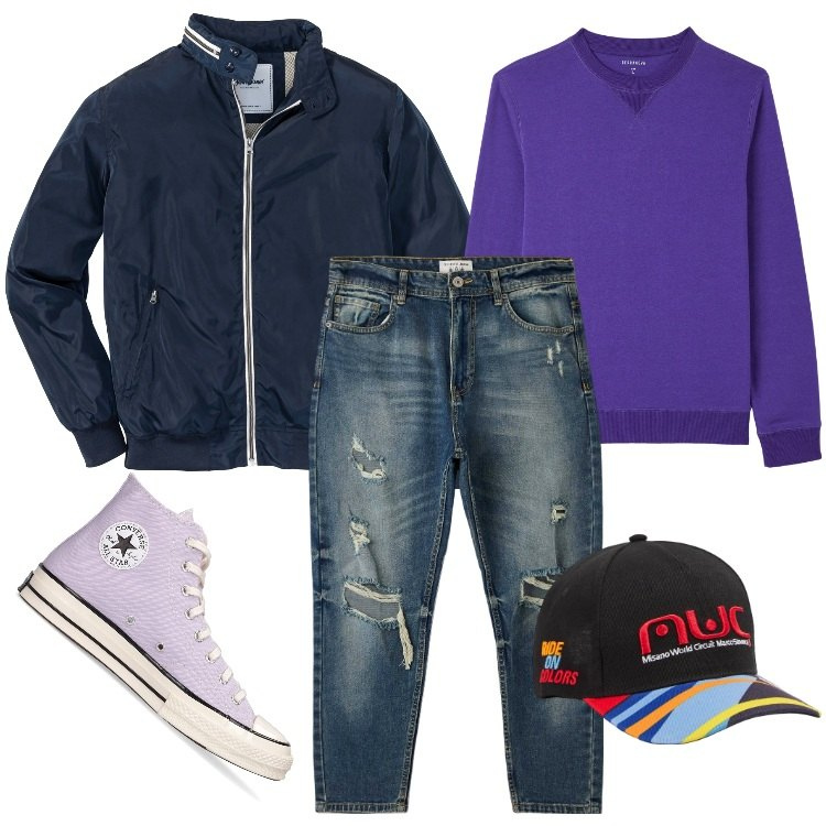 Outfit uomo - Total look #1734374. Stile Casual per Tutti i giorni. Abbinamento con cappelli con visiera, jeans, felpe, sneakers, giacche.