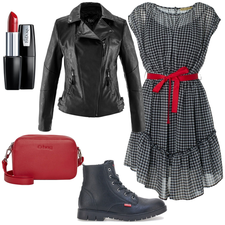 Outfit donna - Borsetta rossa. Stile Rock per Serata fuori. Abbinamento con blazer, rossetti, vestiti, borse a tracolla, anfibi.