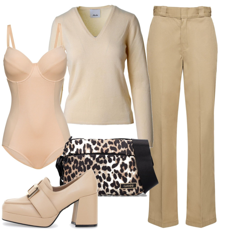 Outfit donna - Total look #1734383. Stile Casual per Ufficio. Abbinamento con body, pantaloni, borse a spalla, mocassini, maglieria.