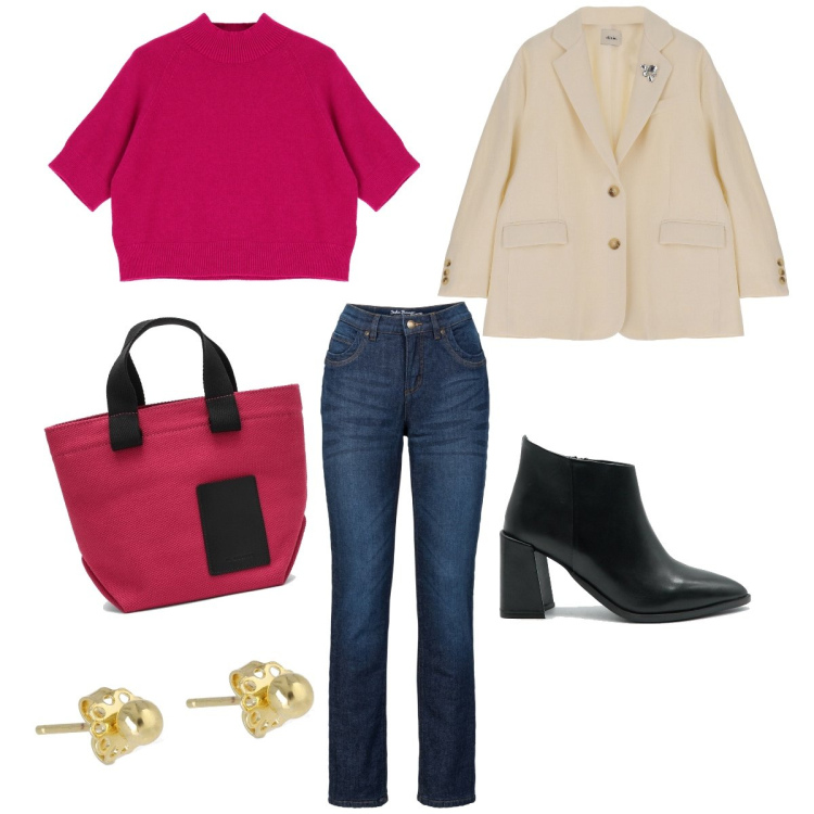 Outfit donna - Fucsia is the right colour!!. Stile Casual chic per Tutti i giorni. Abbinamento con jeans dritti, maglieria, giacche, orecchini, stivaletti, borse a mano.