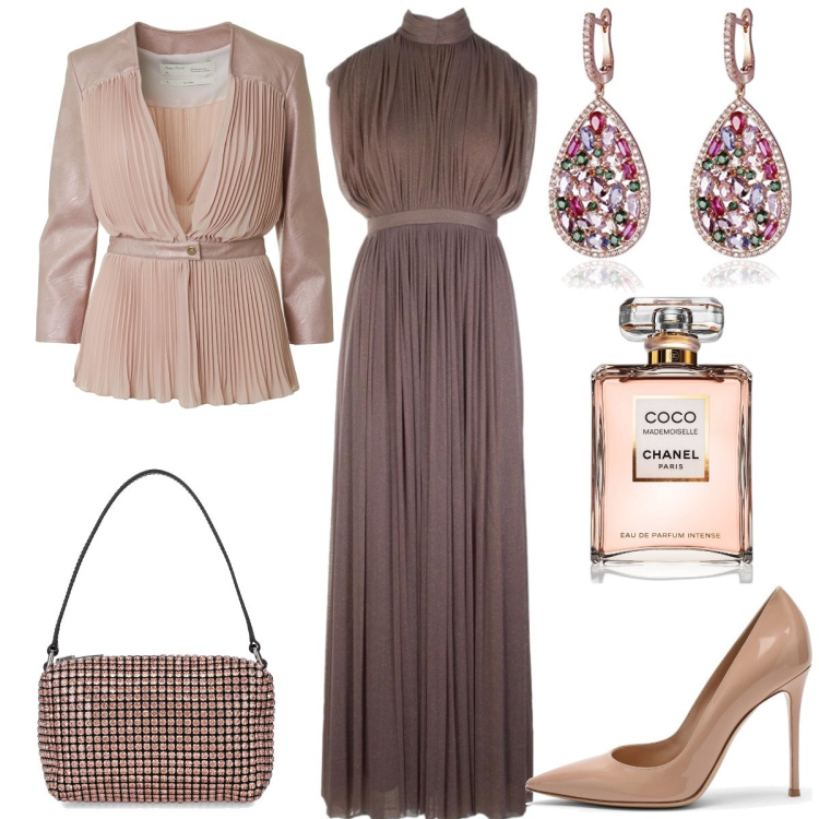 Outfit donna - Cerimonia. Stile Glamour per Cerimonia. Abbinamento con profumi, vestiti, orecchini, giacche, borse a mano, scarpe col tacco.
