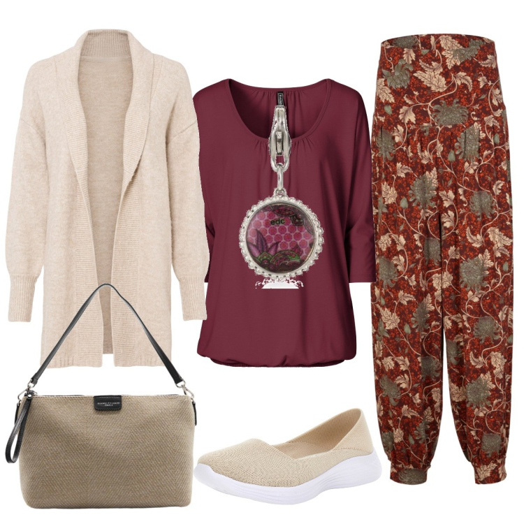 Outfit donna - Un colore elegante: il bordeaux. Stile Bon Ton per Tutti i giorni. Abbinamento con maglieria, cardigans, pantaloni, ballerine, ciondoli, borse a mano.