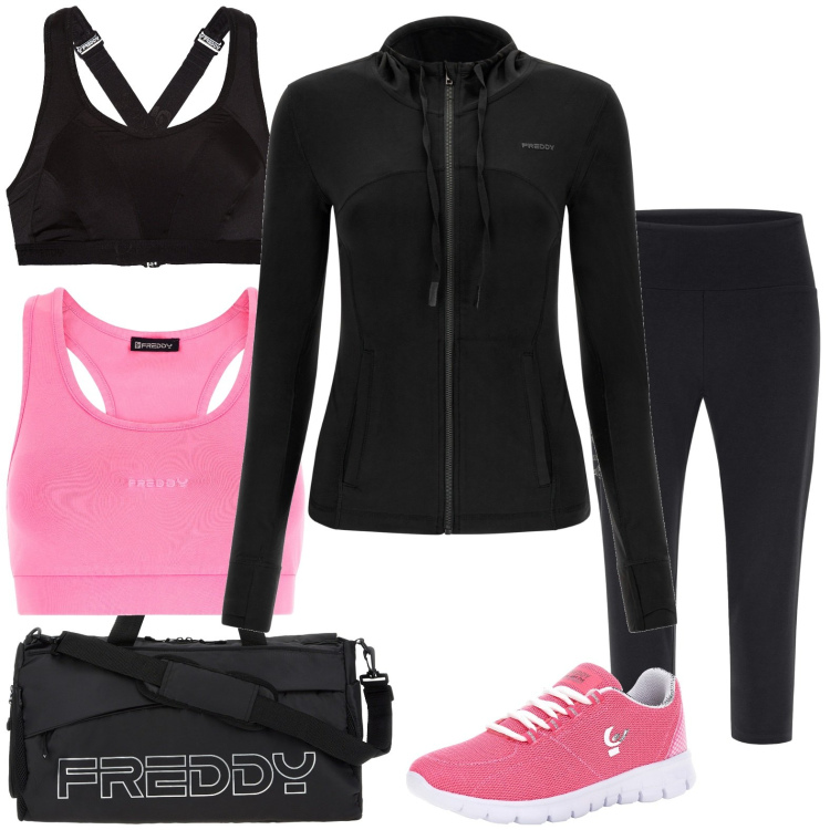 Outfit donna - Palestra. Stile Sporty chic per Sport. Abbinamento con borse sportive, reggiseni, felpe, leggings, sneakers, top.