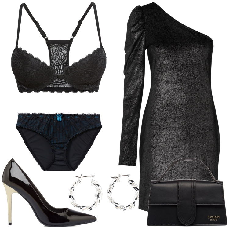 Outfit donna - Seducente in nero. Stile Sexy per Serata fuori. Abbinamento con slip, orecchini, reggiseni, vestiti asimmetrici, borse a mano, décolleté.