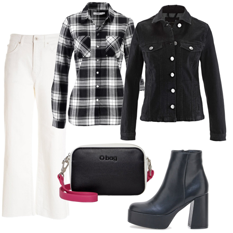 Outfit donna - Camicia a quadri. Stile Casual per Tutti i giorni. Abbinamento con camicie, blazer, pantaloni culotte, borse a tracolla, stivaletti.