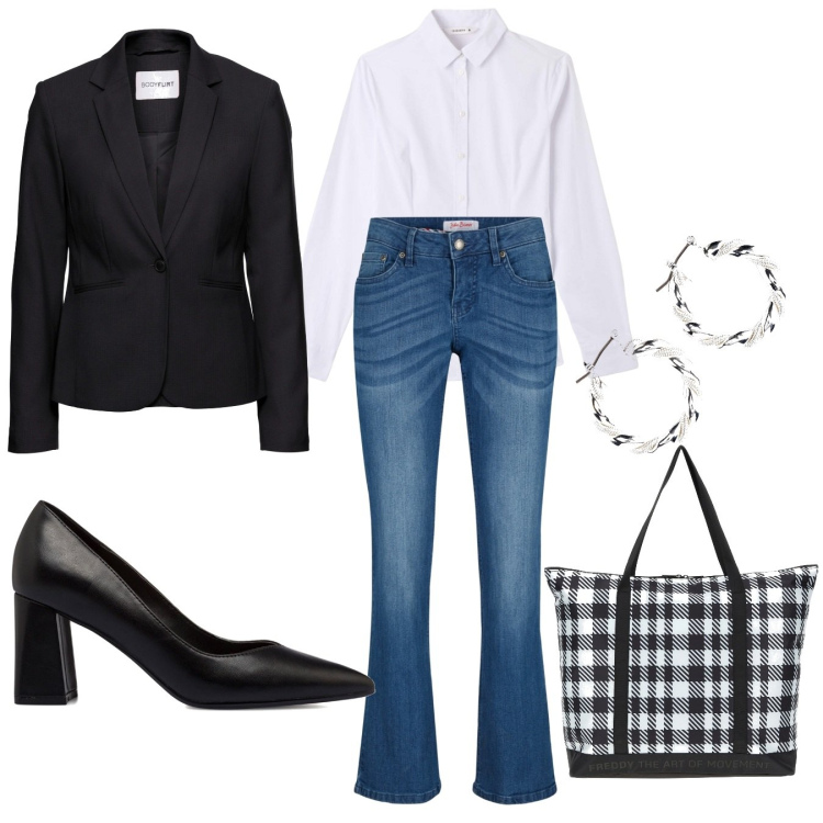 Outfit donna - Quello che ogni donna dovrebbe avere!. Stile Casual per Tutti i giorni. Abbinamento con jeans bootcut, blazer, orecchini, camicie, borse tote, décolleté.