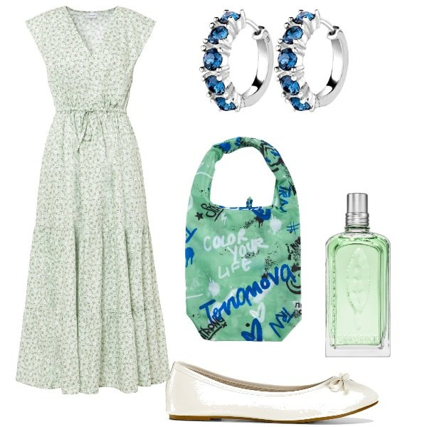 Outfit donna - Ballerine romantiche. Stile Romantica per Tutti i giorni. Abbinamento con ballerine, vestiti lunghi, profumi, shopping bag, orecchini.