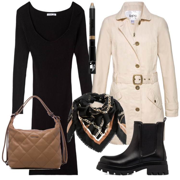 Outfit donna - Il trench. Stile Casual chic per Ufficio. Abbinamento con trench, foulard, ombretti, vestiti lunghi, zaini, stivaletti.