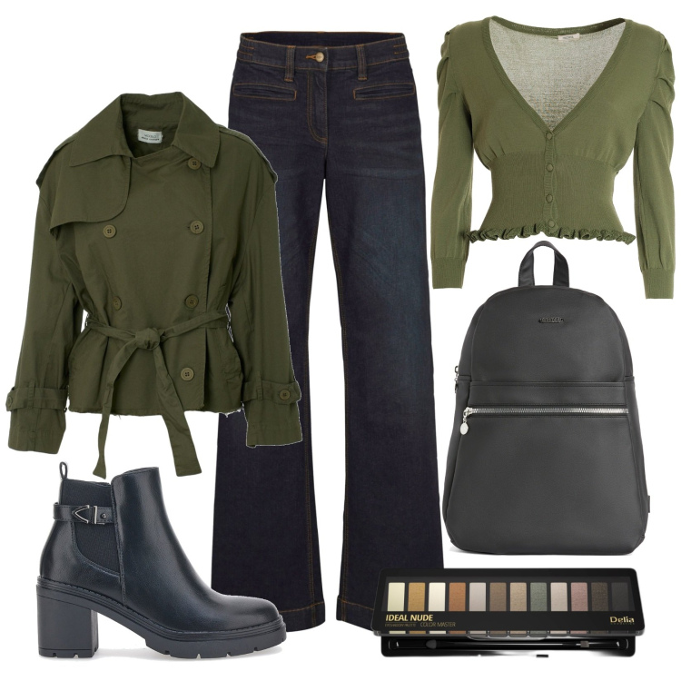 Outfit donna - Trench corto. Stile Casual per Tutti i giorni. Abbinamento con jeans, ombretti, cardigans, zaini, stivaletti, giacche.