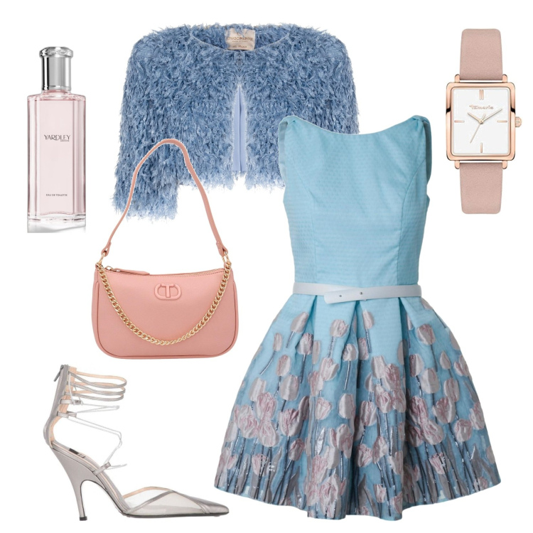 Outfit donna - Matrimonio estivo. Stile Bon Ton per Cerimonia. Abbinamento con décolleté, bolero, profumi, vestiti, orologi, borse a mano.