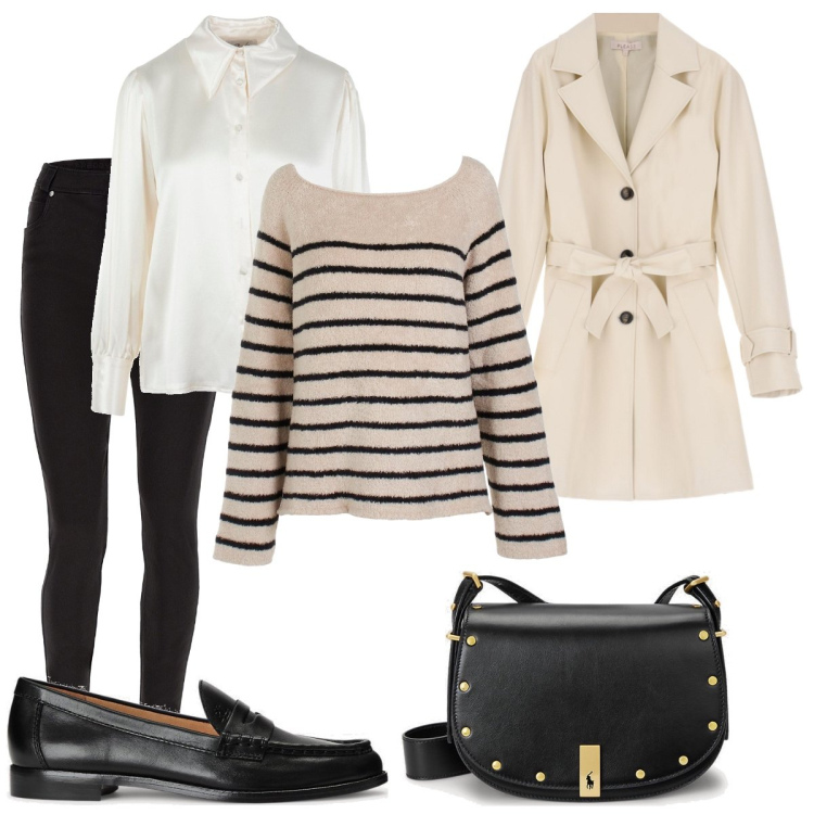 Outfit donna - Il maglione a righe nere. Stile Casual per Ufficio. Abbinamento con cappotti, pantaloni skinny, mocassini, borse a spalla, maglieria, camicie.