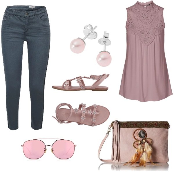 Outfit donna - Total look #122. Stile Etnico per Tutti i giorni. Abbinamento con top, sandali con strass senza tacco con fibbia e punta tonda tinta unita, occhiali da sole, pantalone nero, shopping bag rosa, orecchini con perle e perline in argento 925 rosa.