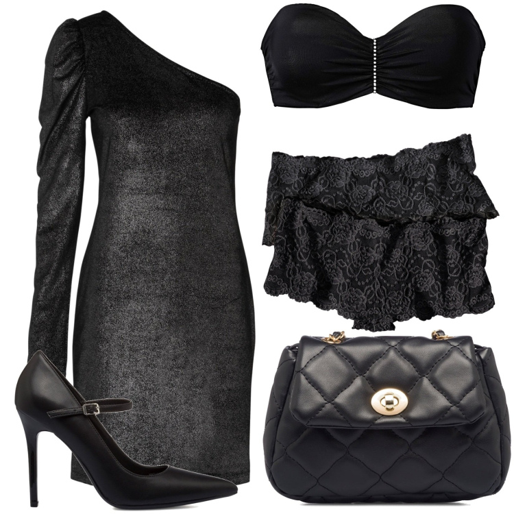 Outfit donna - curvy e sexy con l\'intimo adatto. Stile Sexy per Serata fuori. Abbinamento con culotte, vestiti asimmetrici, reggiseni, borse a tracolla, décolleté.