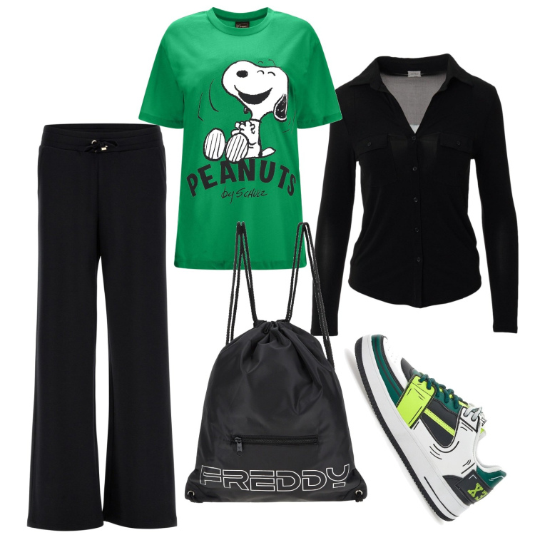 Outfit donna - Gita domenicale. Stile Basic per Tutti i giorni. Abbinamento con zaini, pantaloni, t-shirt, camicie, sneakers.