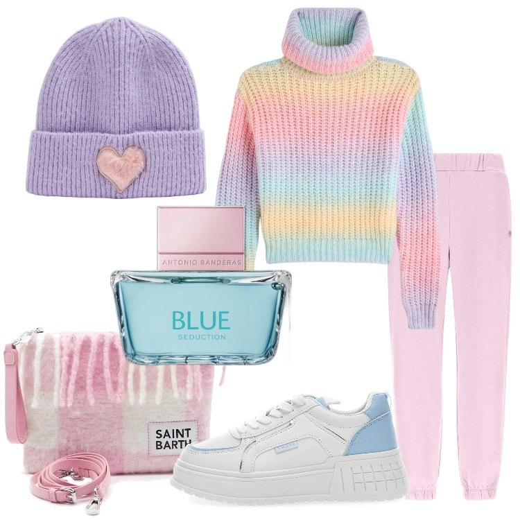 Outfit donna - Colori pastello ad ottobre. Stile Romantica per Tutti i giorni. Abbinamento con profumi, maglieria, berretti, pantaloni, sneakers, borse a mano.