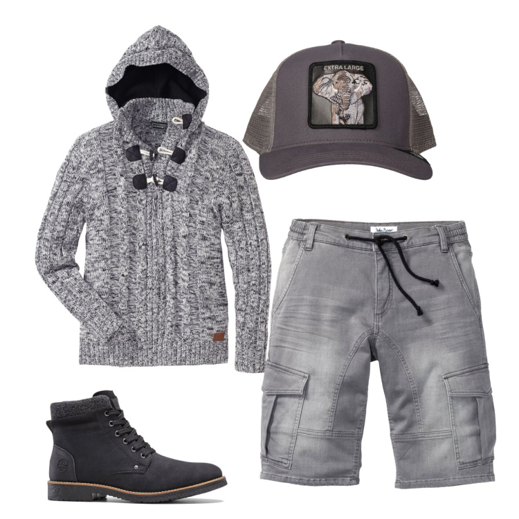 Outfit uomo - Total grey. Stile Casual per Tutti i giorni. Abbinamento con maglieria, bermuda, stivali e stivaletti, cappelli.