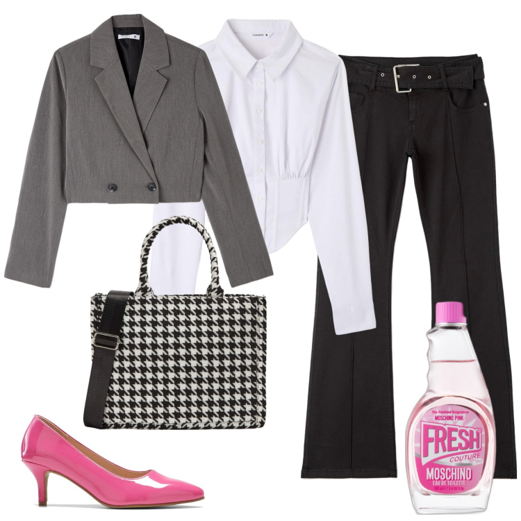 Outfit donna - Look lavoro. Stile Casual chic per Ufficio. Abbinamento con décolleté, profumi, shopping bag, pantaloni, blazer, camicie.