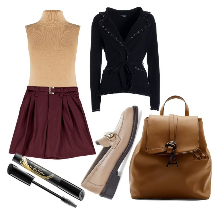 Outfit donna - Sempre di corsa. Stile Trendy per Ufficio. Abbinamento con mascara, cardigans, blazer, minigonne, mocassini, zaini.