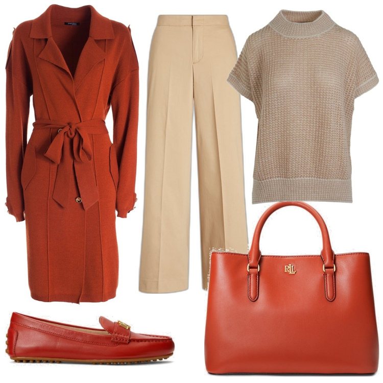 Outfit donna - Nei toni dell’autunno. Stile Casual chic per Serata fuori. Abbinamento con cardigans, mocassini, borse a mano, pantaloni, maglieria.