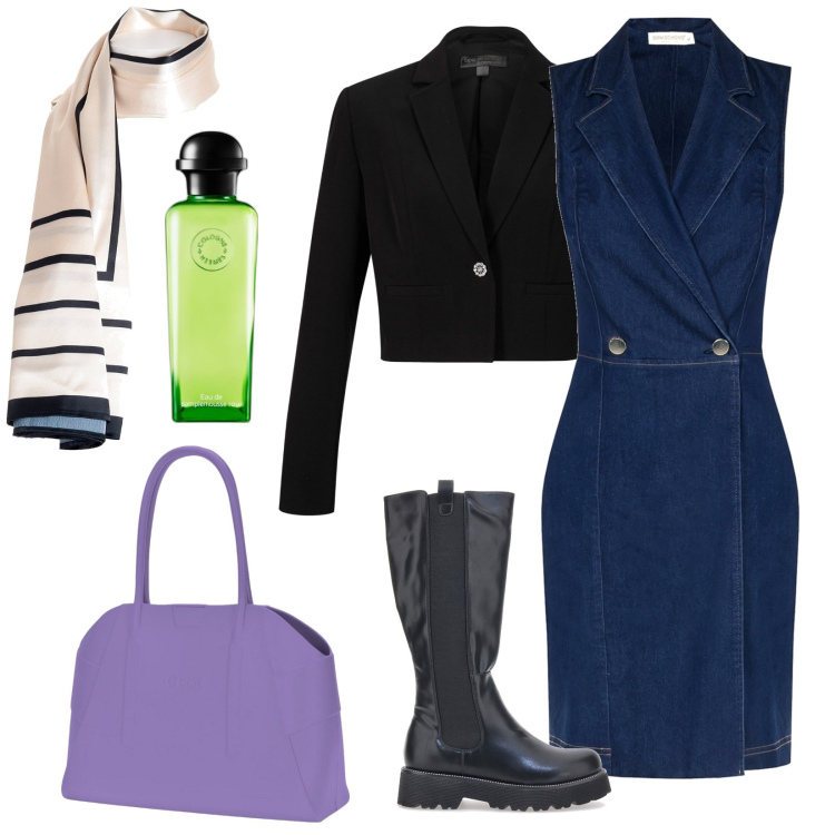Outfit donna - Lavoro look. Stile Casual chic per Ufficio. Abbinamento con blazer, profumi, vestiti a tubino, foulard, borse a spalla, stivali.