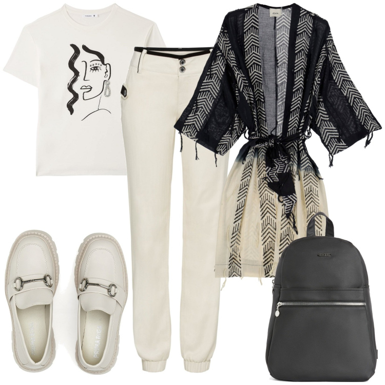 Outfit donna - Total look #1734666. Stile Casual per Tutti i giorni. Abbinamento con pantaloni, t-shirt, zaini, giacche, mocassini.