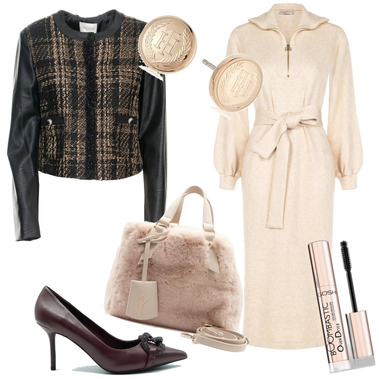 Outfit donna - Eleganza di giorno. Stile Casual chic per Tutti i giorni. Abbinamento con mascara, vestiti, giacche, borse a mano, orecchini, décolleté.