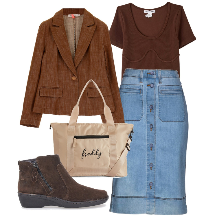 Outfit donna - Marrone autunno. Stile Casual per Tutti i giorni. Abbinamento con gonne, t-shirt, giacche, borse tote, stivaletti.