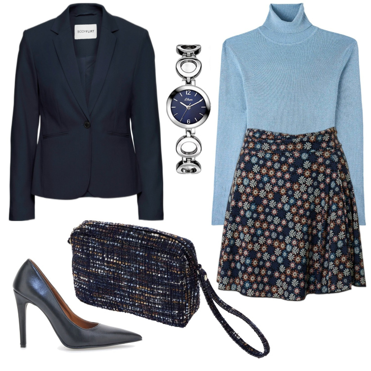 Outfit donna - Sfumature di blu. Stile Bon Ton per Ufficio. Abbinamento con blazer, maglieria, gonne, décolleté, pochette, orologi.