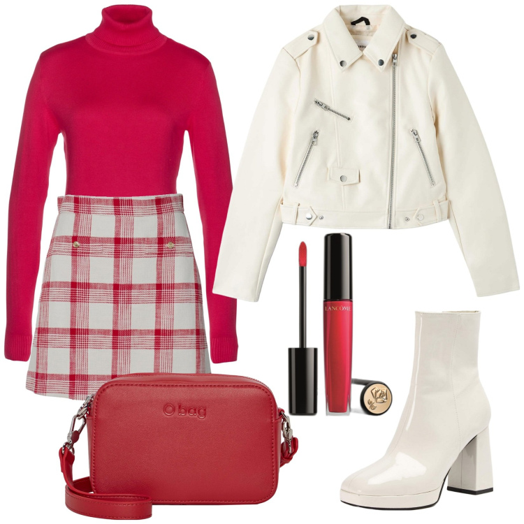 Outfit donna - Panna e fragola. Stile Preppy per Tutti i giorni. Abbinamento con maglieria, gloss, cappotti, stivaletti, gonne, borse a tracolla.