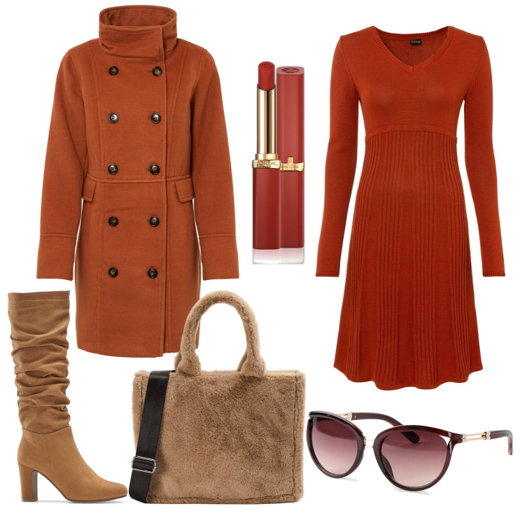 Outfit donna - Caldo, morbido, stiloso. Stile Trendy per Ufficio. Abbinamento con occhiali da sole, vestiti, cappotti, stivali, rossetti, shopping bag.