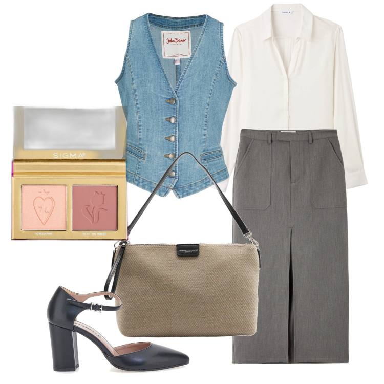 Outfit donna - Col mio blush. Stile Chic per Ufficio. Abbinamento con gilet, blush, gonne lunghe, camicie, décolleté, borse a mano.