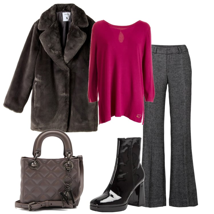 Outfit donna - Pellicciotta coccolosa. Stile Casual chic per Tutti i giorni. Abbinamento con pantaloni a palazzo, stivaletti, ecopellicce, maglieria, borse a mano.