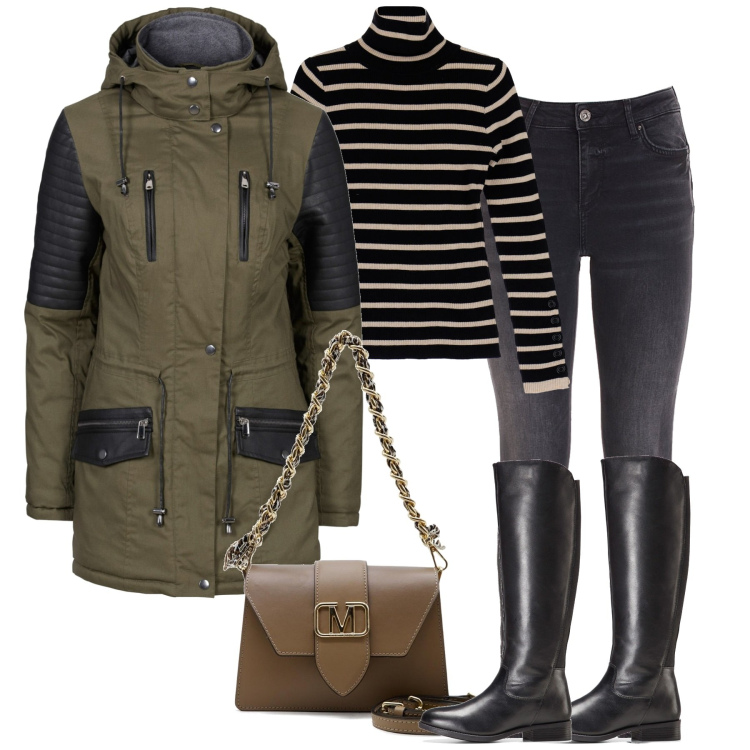 Outfit donna - Rainy days. Stile Urban per Tutti i giorni. Abbinamento con parka, stivali, jeans skinny, maglieria, borse a spalla.