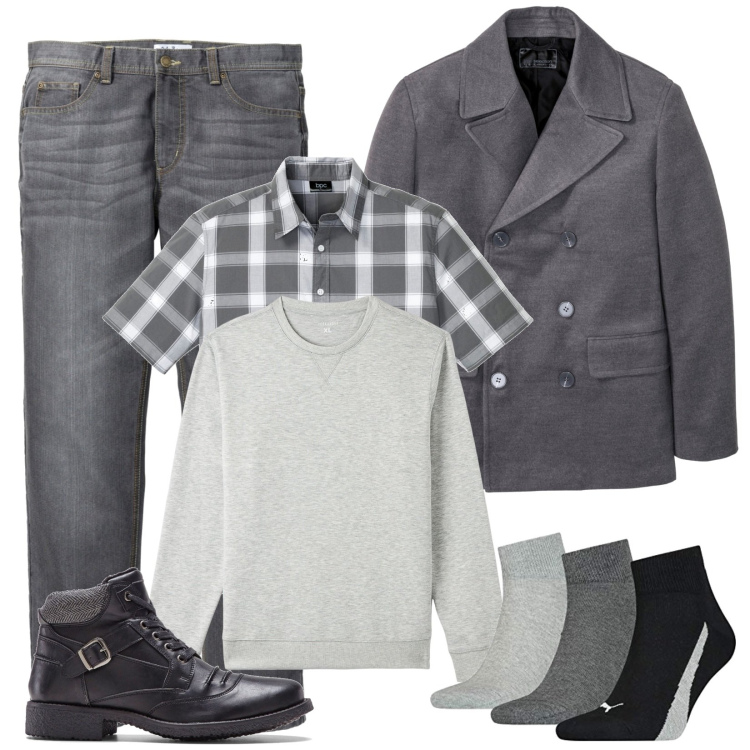 Outfit uomo - Sfumature di grigio e quadri. Stile Trendy per Tutti i giorni. Abbinamento con jeans dritti, camicie a manica corta, stivali e stivaletti, caban, felpe, calzini.