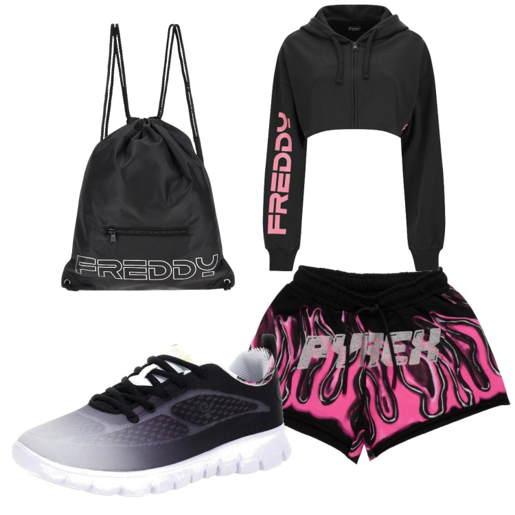 Outfit donna - Total look #1734955. Stile Trendy per Sport. Abbinamento con zaini, felpe con cappuccio, sneakers alte, shorts.