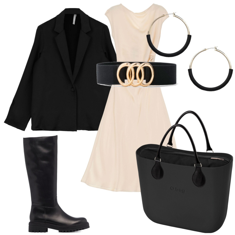 Outfit donna - Basic outfit. Stile Basic per Tutti i giorni. Abbinamento con cinture, vestiti midi/longuette, giacche, orecchini, stivali, borse a spalla.