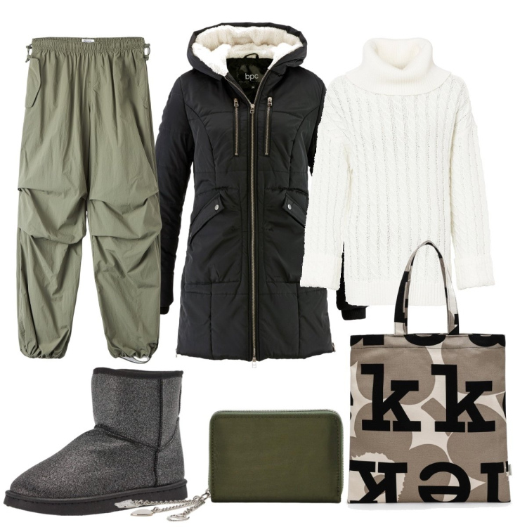 Outfit donna - Quando il freddo chiama. Stile Casual per Scuola/Università. Abbinamento con giacche sportive, maglieria, portafogli, pantaloni, stivali sopra il ginocchio, borse tote.