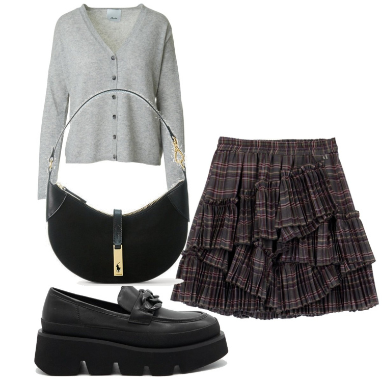 Outfit donna - Total look #1734978. Stile Preppy per Tutti i giorni. Abbinamento con borse a spalla, minigonne, cardigans, mocassini.