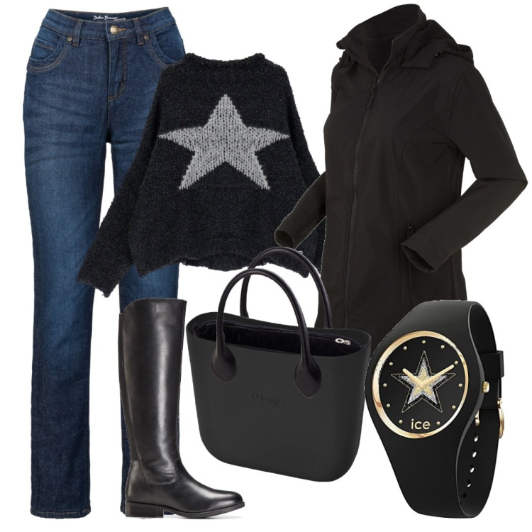 Outfit donna - Black e jeans. Stile Casual per Ufficio. Abbinamento con parka, jeans dritti, stivali, maglieria, orologi, borse a spalla.