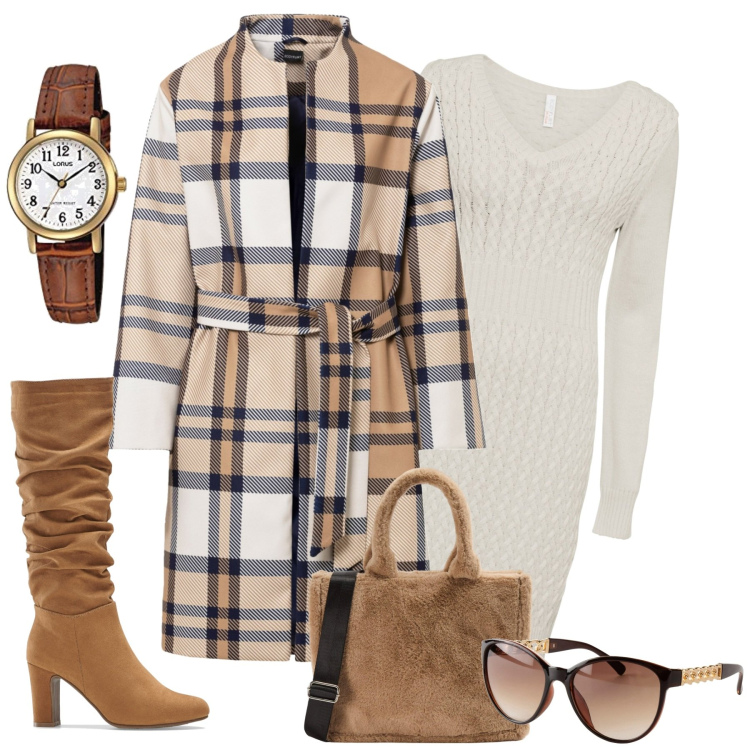 Outfit donna - Total look #1735000. Stile Casual chic per Tutti i giorni. Abbinamento con vestiti, cappotti, occhiali da sole, stivali, shopping bag, orologi analogici.