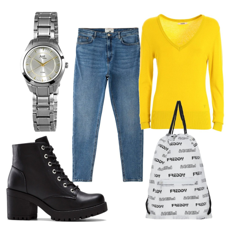 Outfit donna - Total look #1735032. Stile Trendy per Tutti i giorni. Abbinamento con stivaletti, jeans skinny, maglieria, zaini, orologi.
