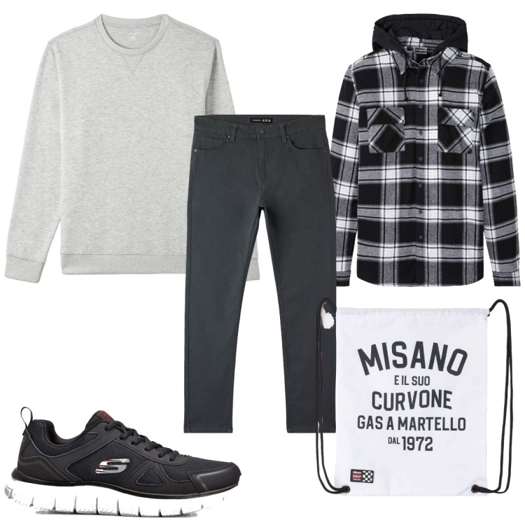 Outfit uomo - Total look #1735042. Stile Casual per Tutti i giorni. Abbinamento con camicie, sneakers, borse sportive, pantaloni skinny, felpe.
