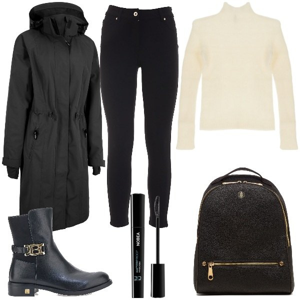Outfit donna - Pioggia d\'autunno. Stile Basic per Tutti i giorni. Abbinamento con blazer, mascara, jeans, pullovers, zaini, stivaletti.