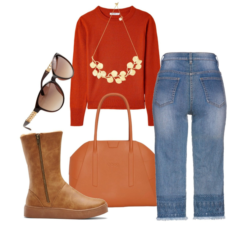 Outfit donna - Mattone e denim. Stile Casual per Tutti i giorni. Abbinamento con stivali, jeans, occhiali da sole, maglieria, collane, borse a spalla.
