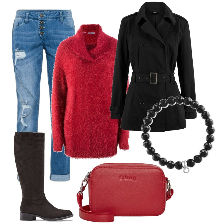 Outfit donna - Vado al supermercato. Stile Casual per Tutti i giorni. Abbinamento con stivali, jeans boyfriend, trench, maglieria, borse a tracolla, braccialetti.