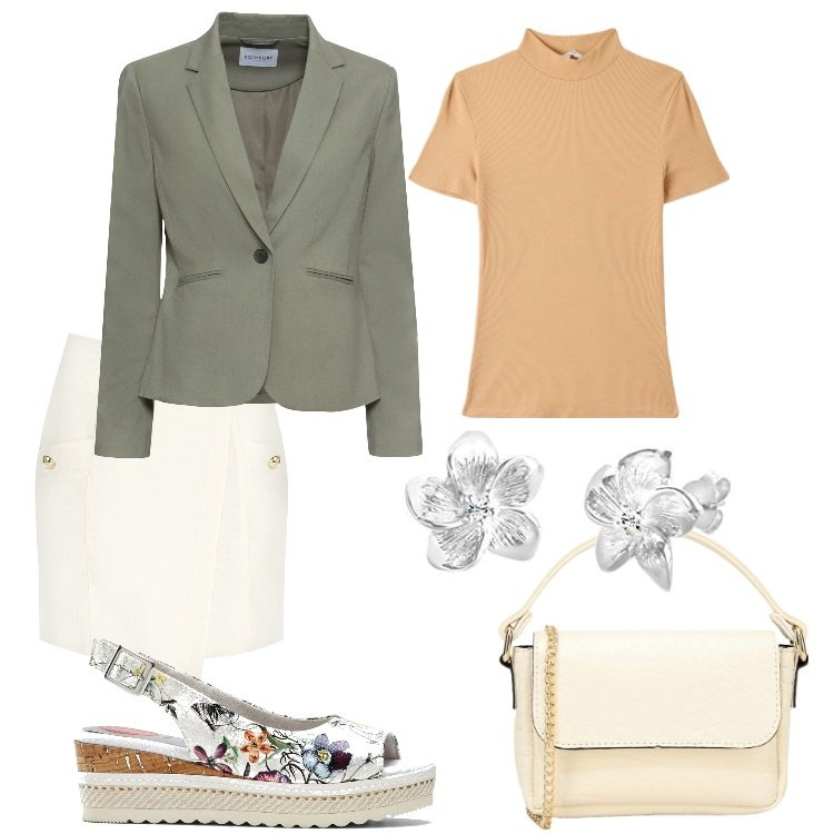 Outfit donna - Fiori discreti. Stile Casual per Tutti i giorni. Abbinamento con blazer, décolleté, t-shirt, gonne, pochette, orecchini.