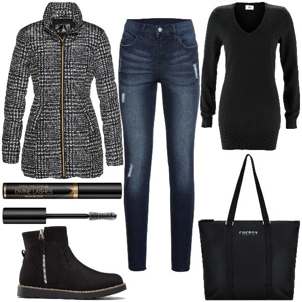Outfit donna - Basic Invernale. Stile Basic per Tutti i giorni. Abbinamento con jeans strappati, stivaletti, maglieria, giacche, mascara, borse tote.