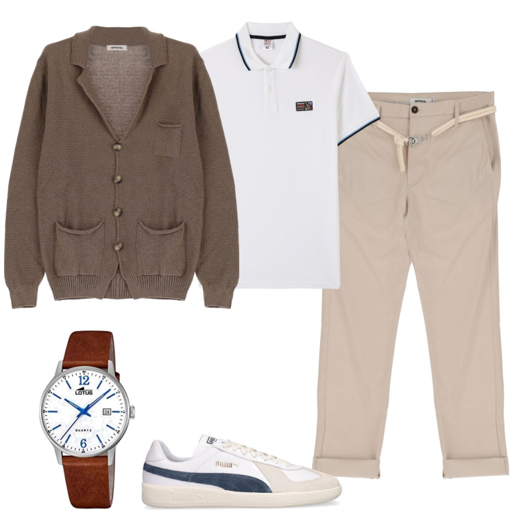 Outfit uomo - Polo e cardigan. Stile Casual per Tutti i giorni. Abbinamento con polo, cardigans, pantaloni, orologi analogici, sneakers.