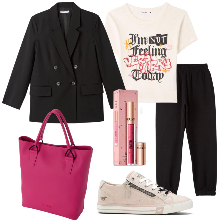 Outfit donna - Giacca doppiopetto. Stile Urban per Tutti i giorni. Abbinamento con sneakers, pantaloni, blazer, t-shirt, gloss, borse a spalla.